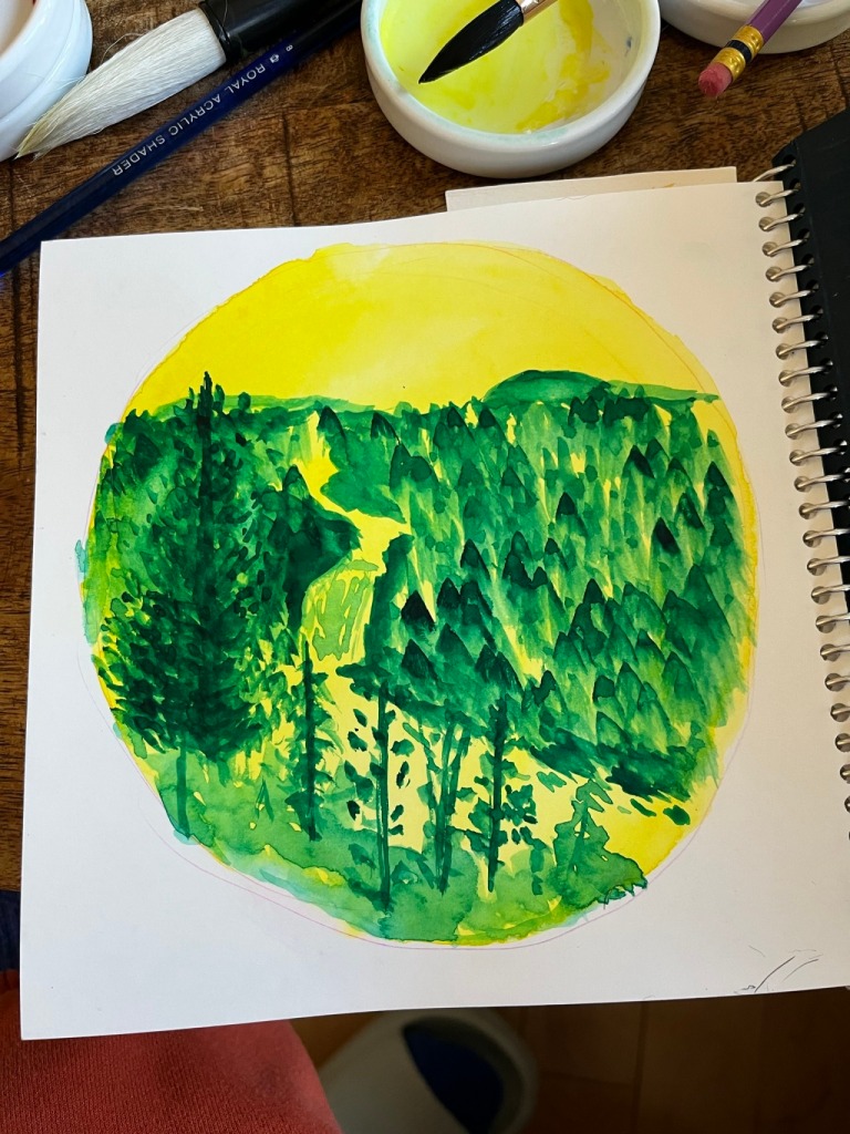 Green landscape on yellow background in watercolor