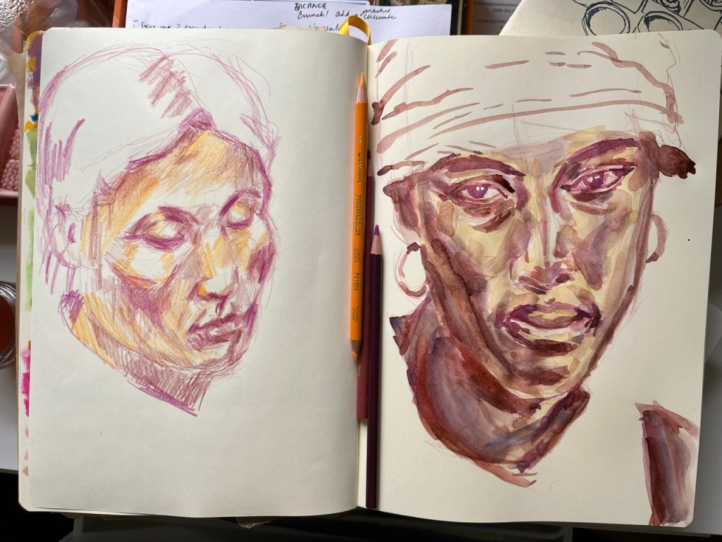 Paintings of two faces side by side