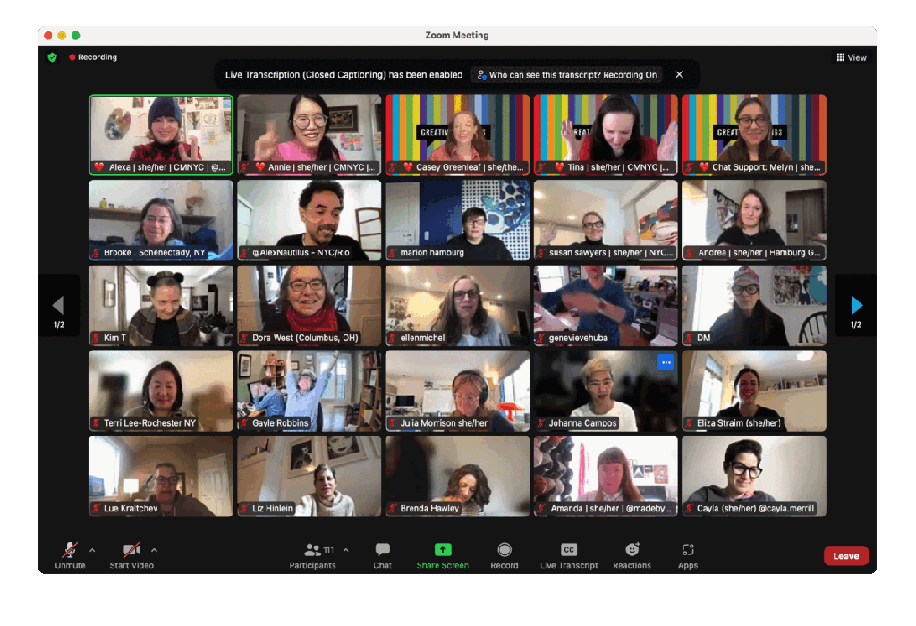 Gif of a group of CreativeMornings participants cheerfully participating in a Zoom meeting.